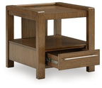 Brown square end table with open shelf and sliding drawer, silver bar handle