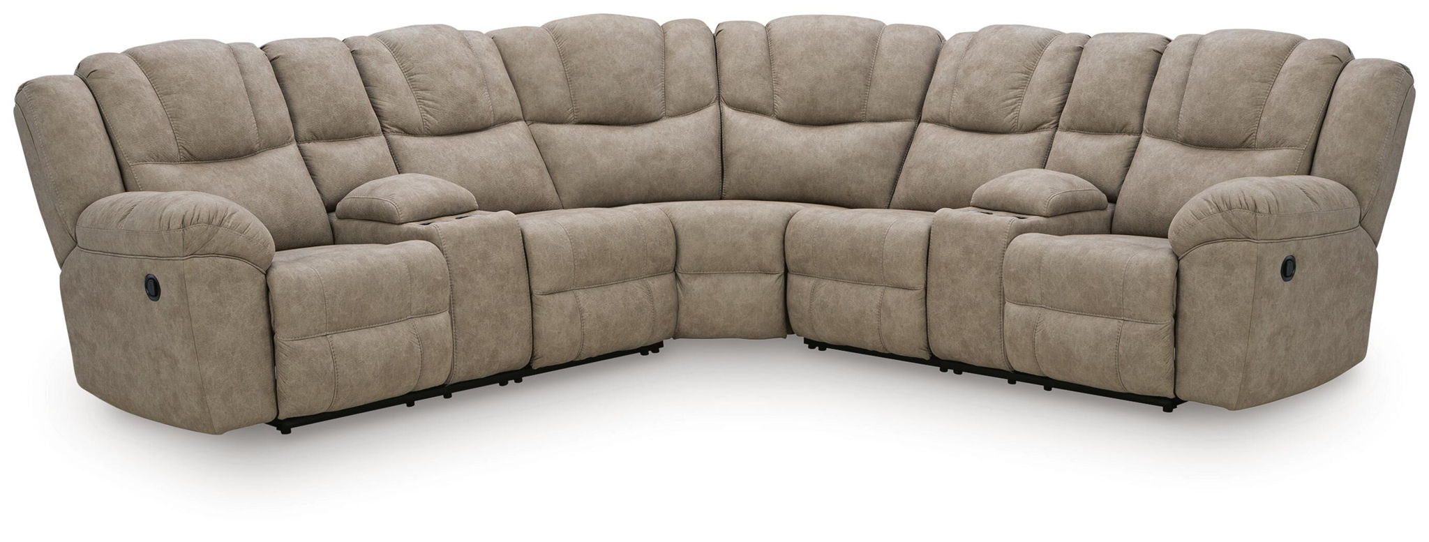 Birch reclining sectional sofa with cushioned back, rounded corners, and recliner sections