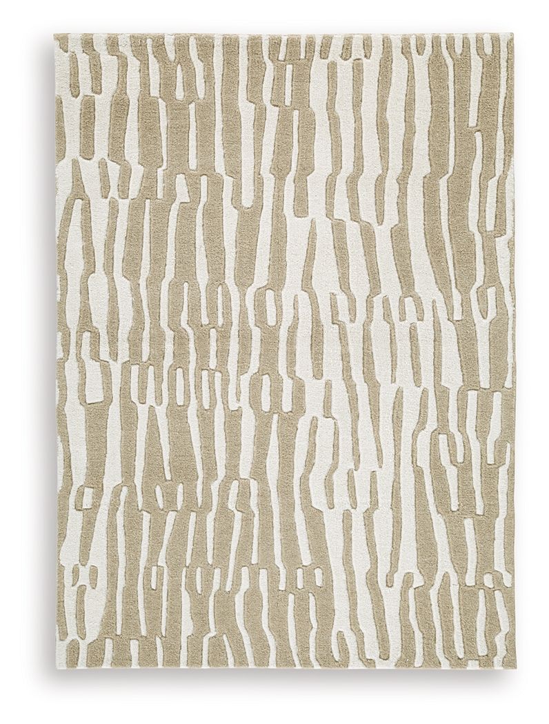 Corrbell beige rug with repeating abstract stripe pattern, close-up view.
