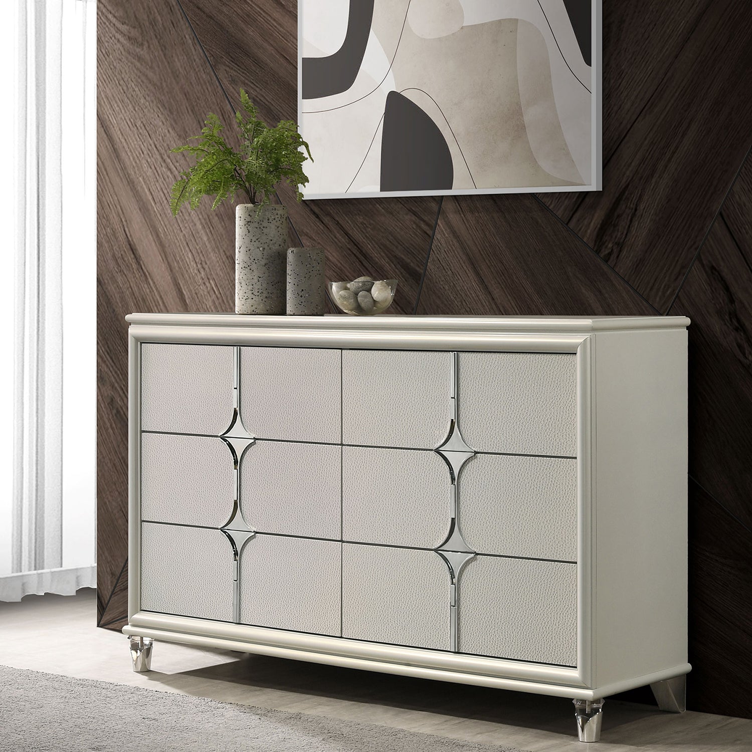 Gwendolyn Pearl White 6-Drawer Bedroom Dresser Cabinet