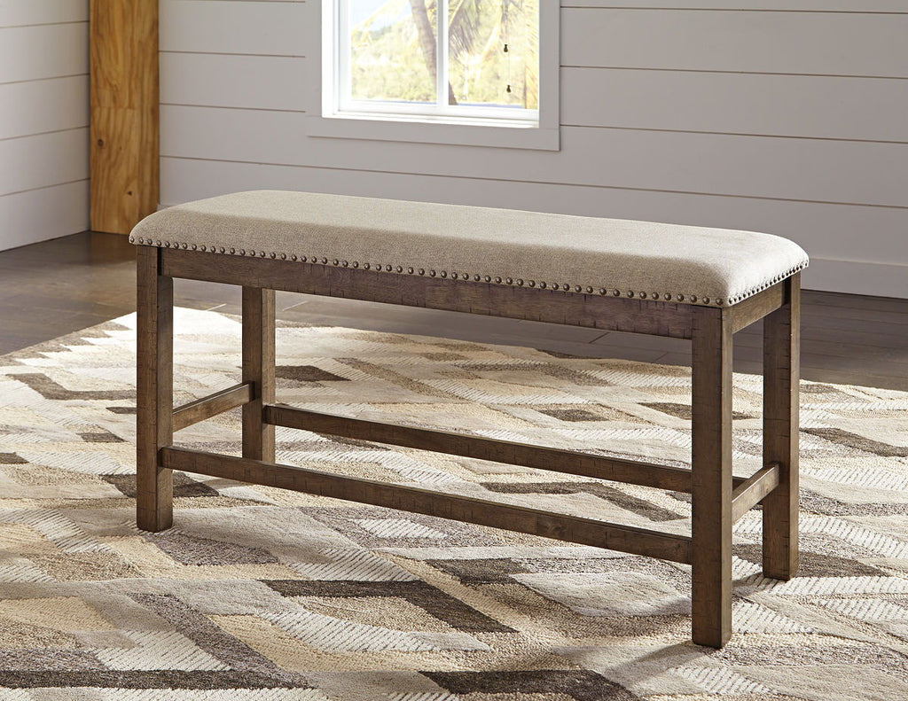 Rectangular upholstered bench with nailhead trim on dark wood frame