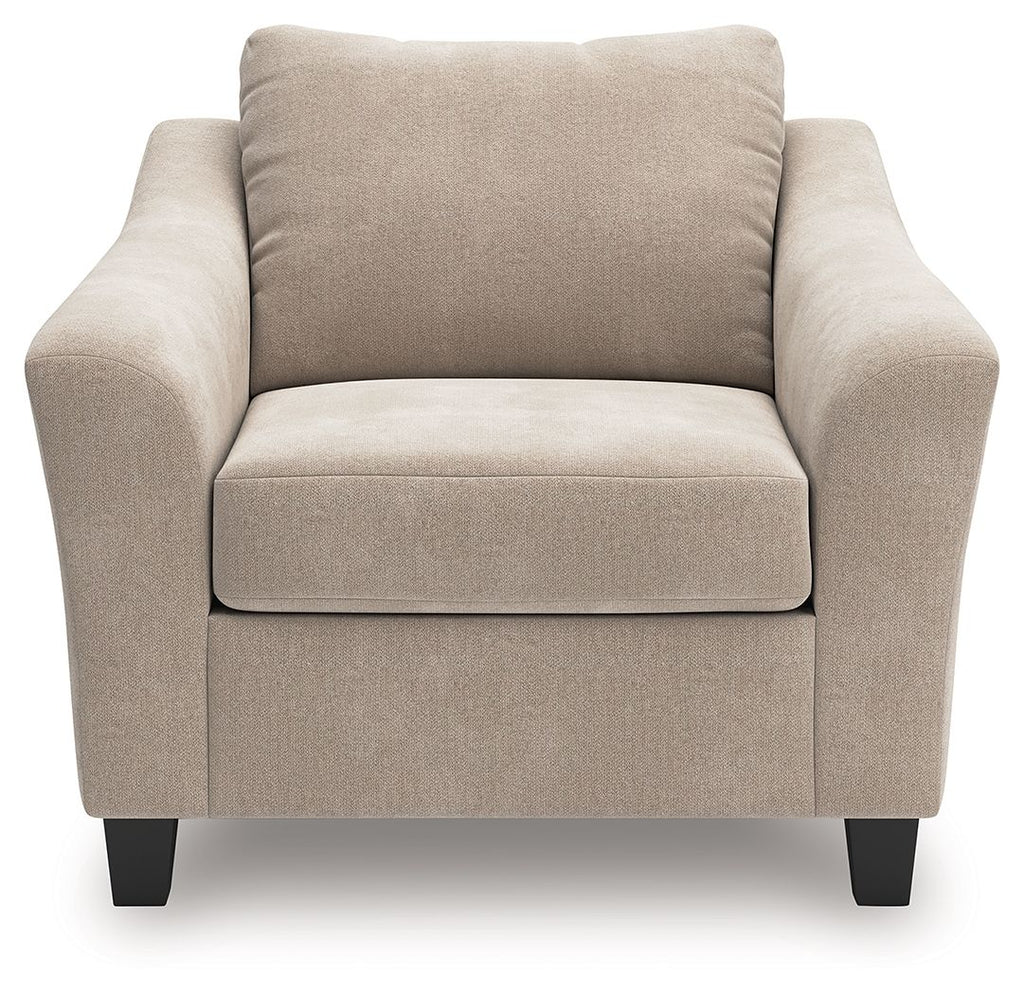 Taupe chair-and-a-half armchair with tall back cushion, upholstered arms and seat