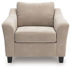 Taupe chair-and-a-half armchair with tall back cushion, upholstered arms and seat