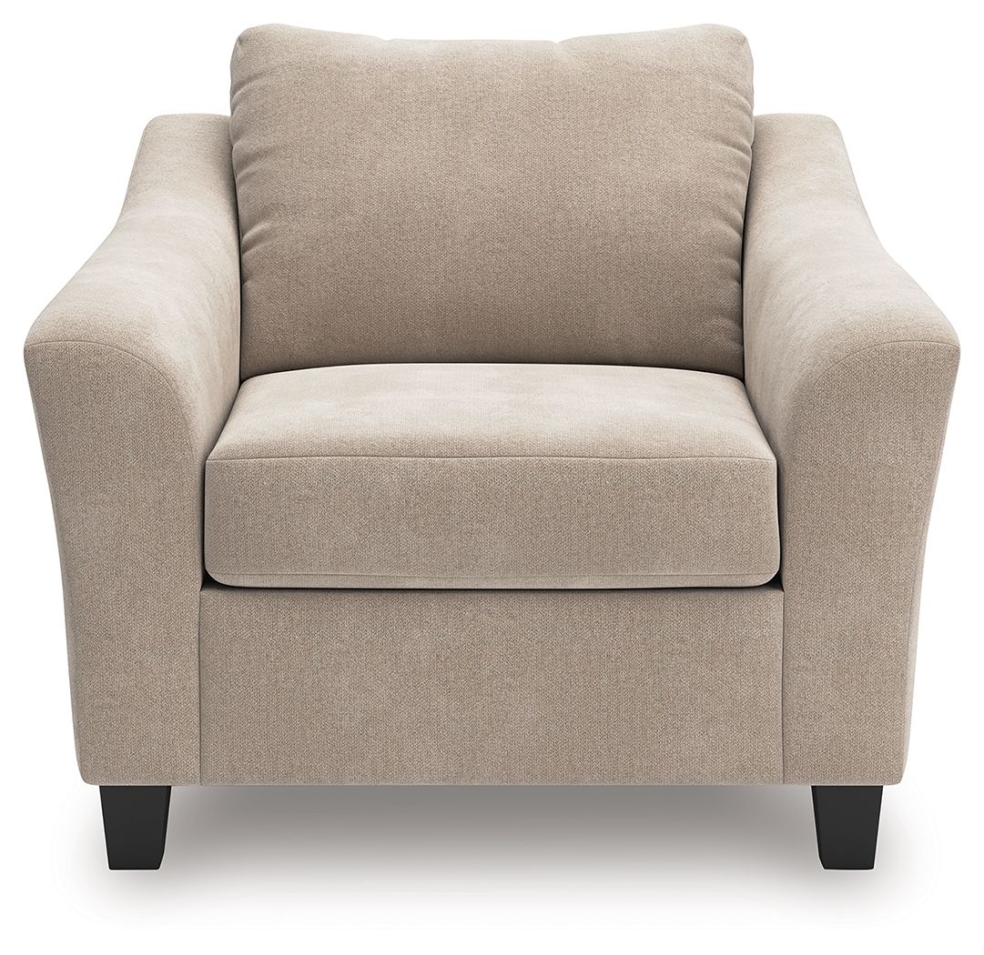 Taupe chair-and-a-half armchair with tall back cushion, upholstered arms and seat