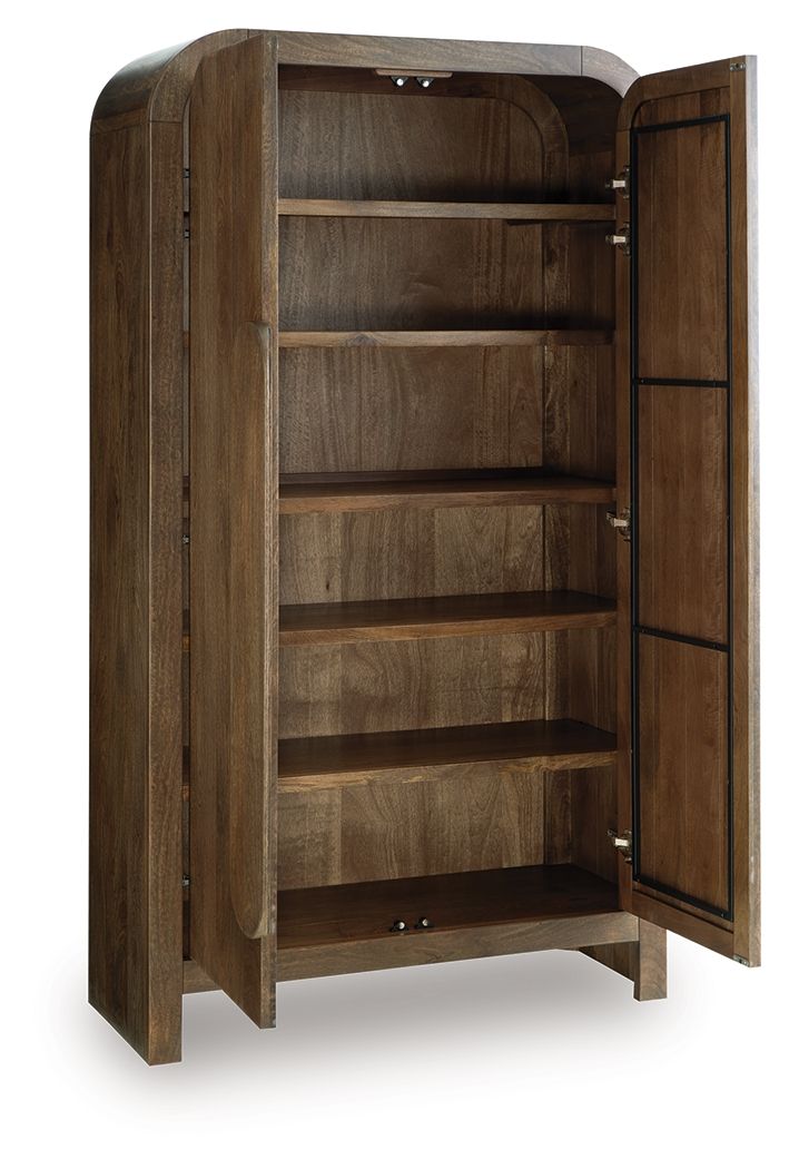 Medium brown accent cabinet with open doors and multiple shelves