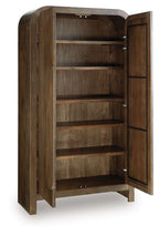 Medium brown accent cabinet with open doors and multiple shelves