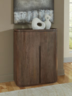 Medium brown bar cabinet with rounded top and vertical handle