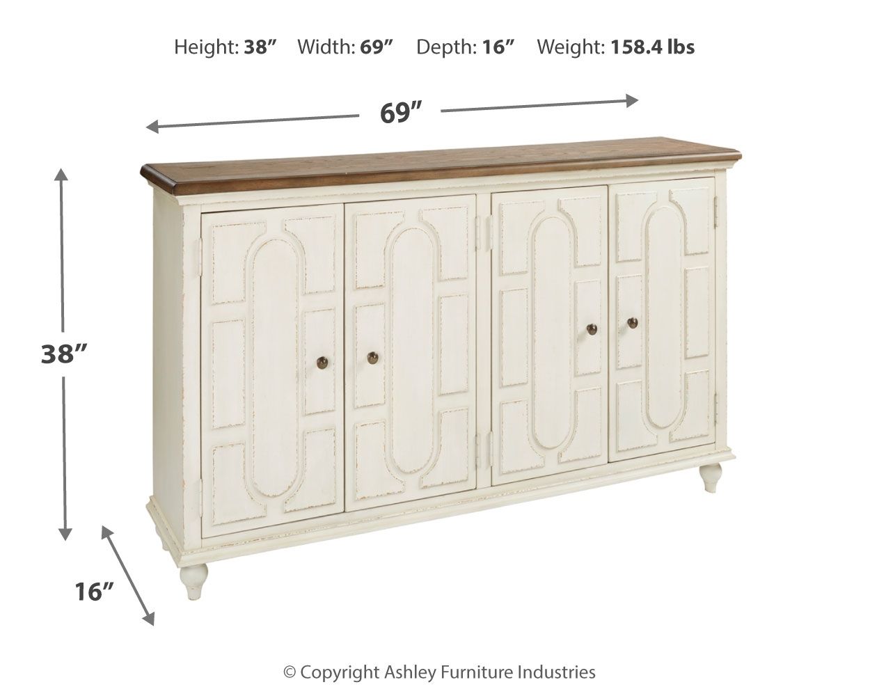 Antique white accent cabinet with carved panel doors and bronze knobs