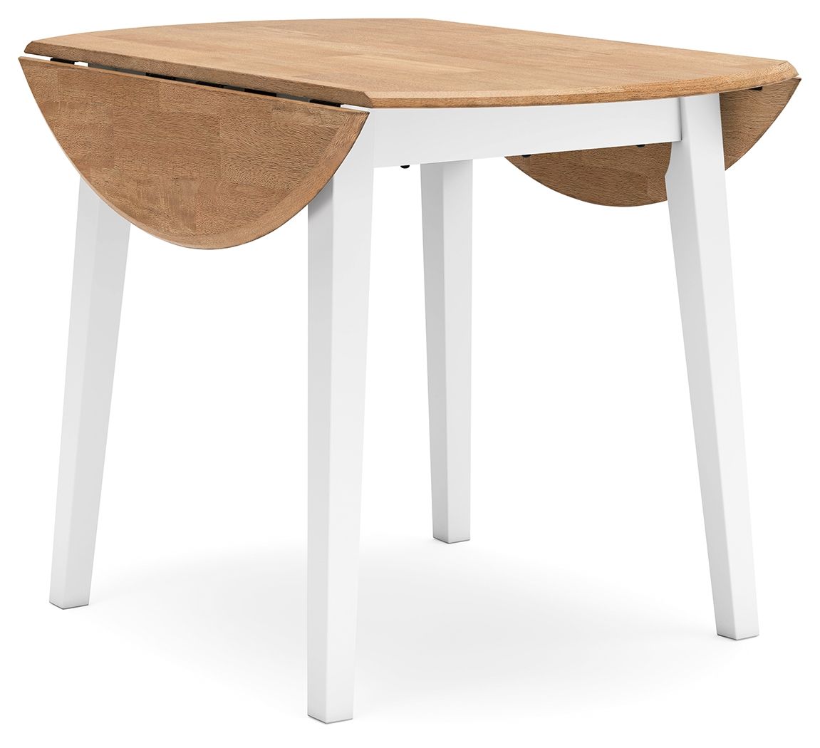 Brown drop-leaf tabletop dining table with white legs, open leaf detail