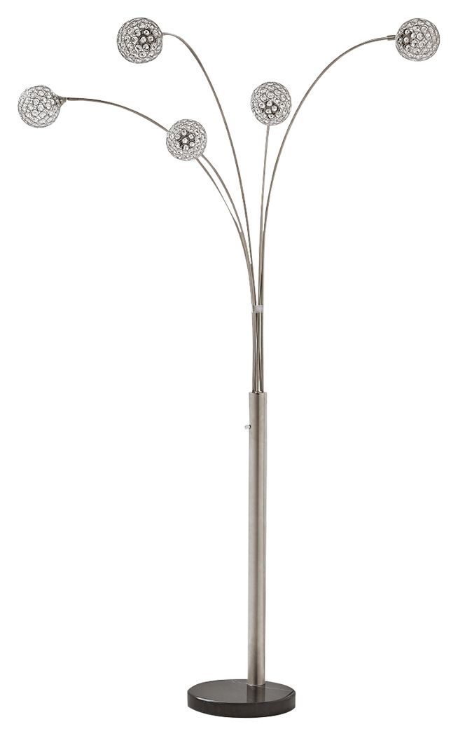 Silver metal arc floor lamp with five globe lights and round weighted base