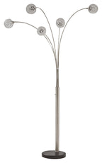 Silver metal arc floor lamp with five globe lights and round weighted base