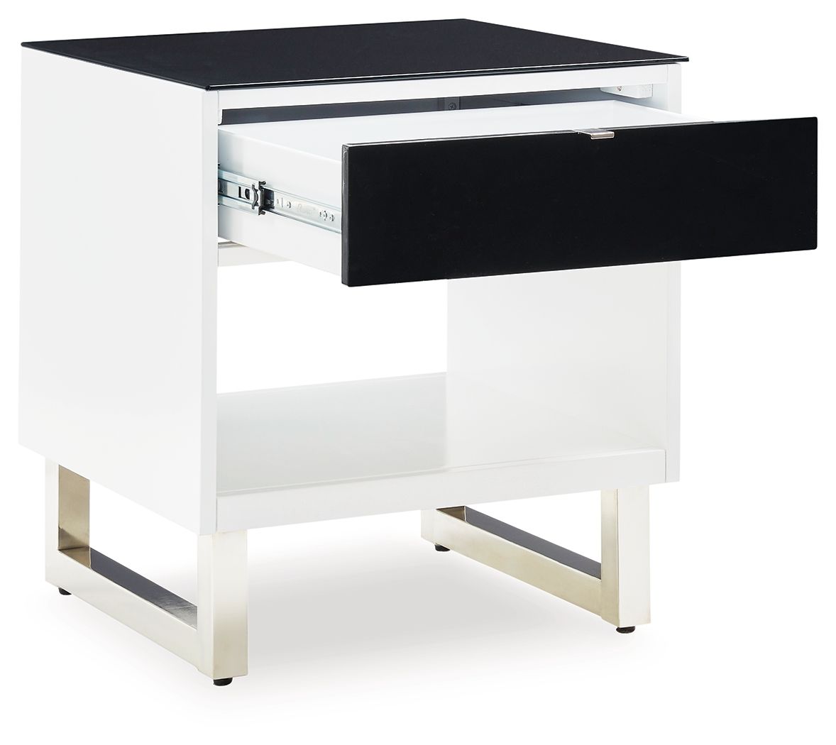 Rectangular end table with white frame and black drawer, top surface, open shelf, angled legs