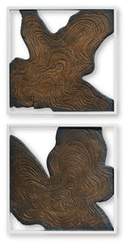 Pair of framed abstract wall art with brown contour-line woodgrain, irregular shapes