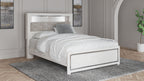 White bookcase bed with tufted gray headboard and drawer storage under the frame