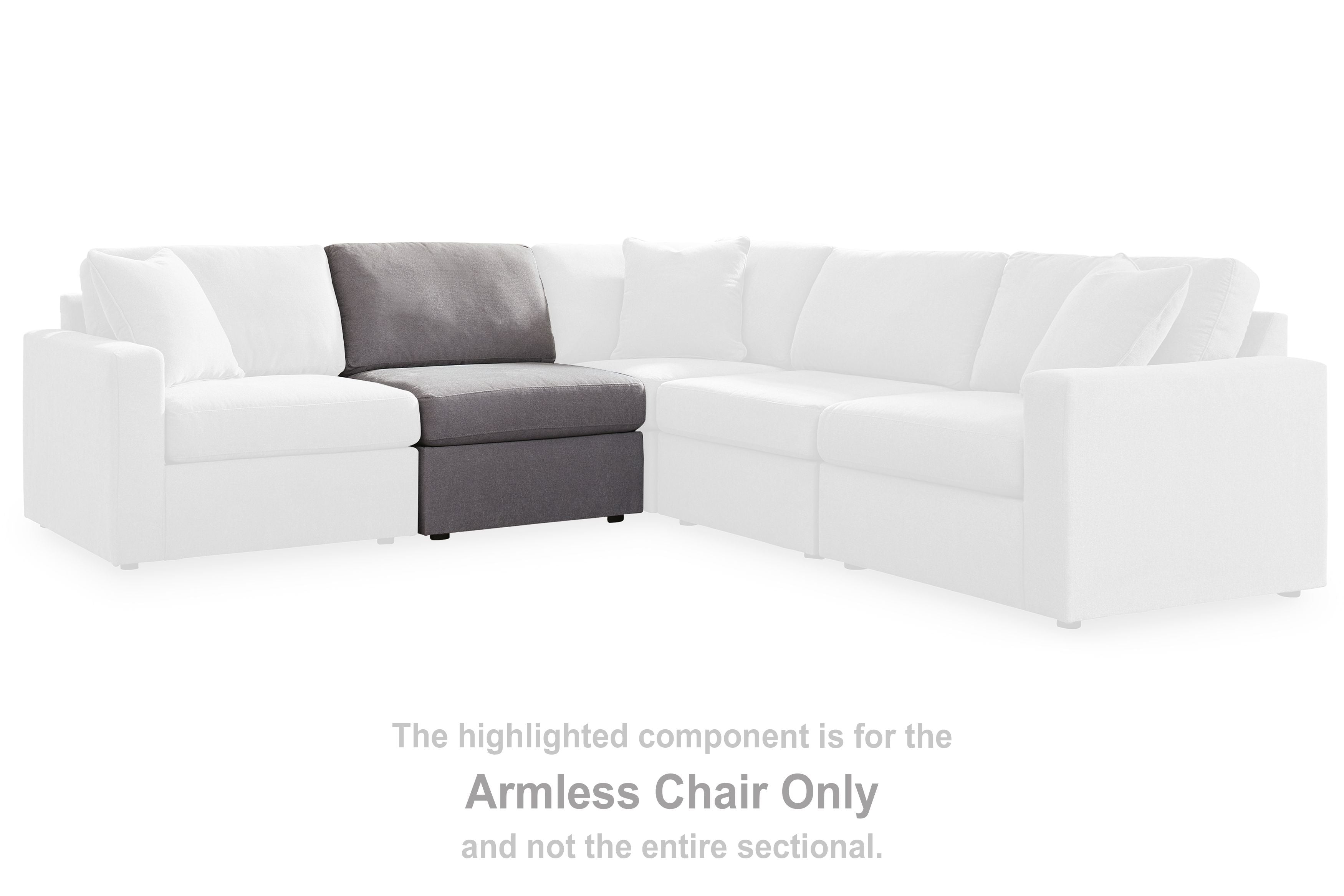 Gray armless chair section with boxy back and seat cushions in upholstered fabric