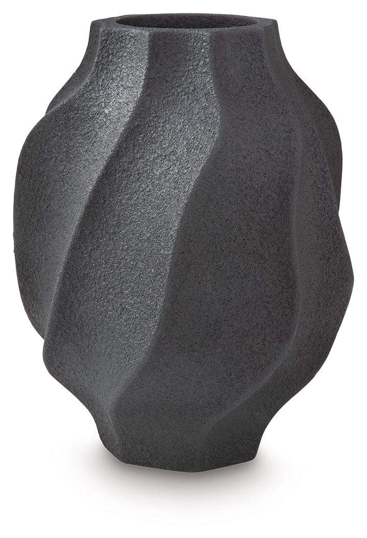 Black textured vase with fluted side panels and wide round mouth