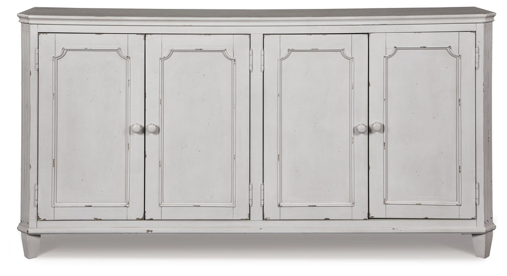 Antique white accent cabinet with four doors and rounded crown top moulding
