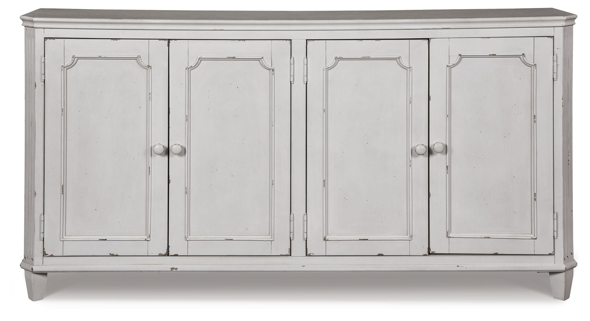 Antique white accent cabinet with four doors and rounded crown top moulding