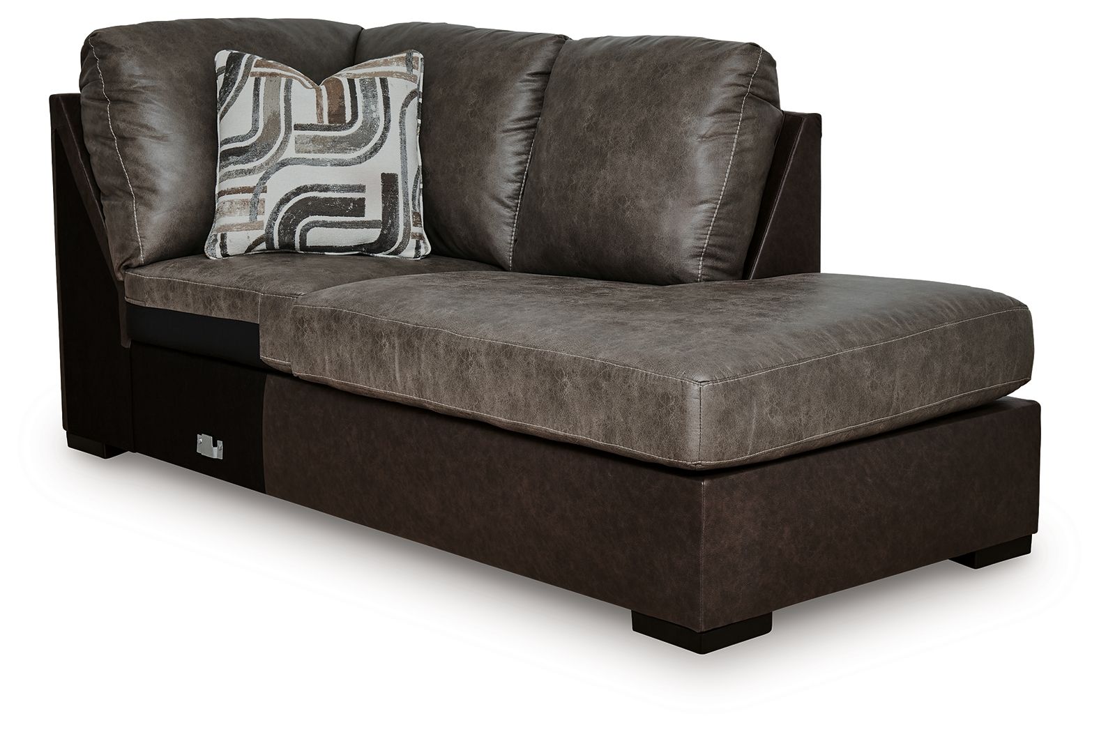 Corner chaise chair in dark brown fabric with patterned throw pillow, right arm facing.