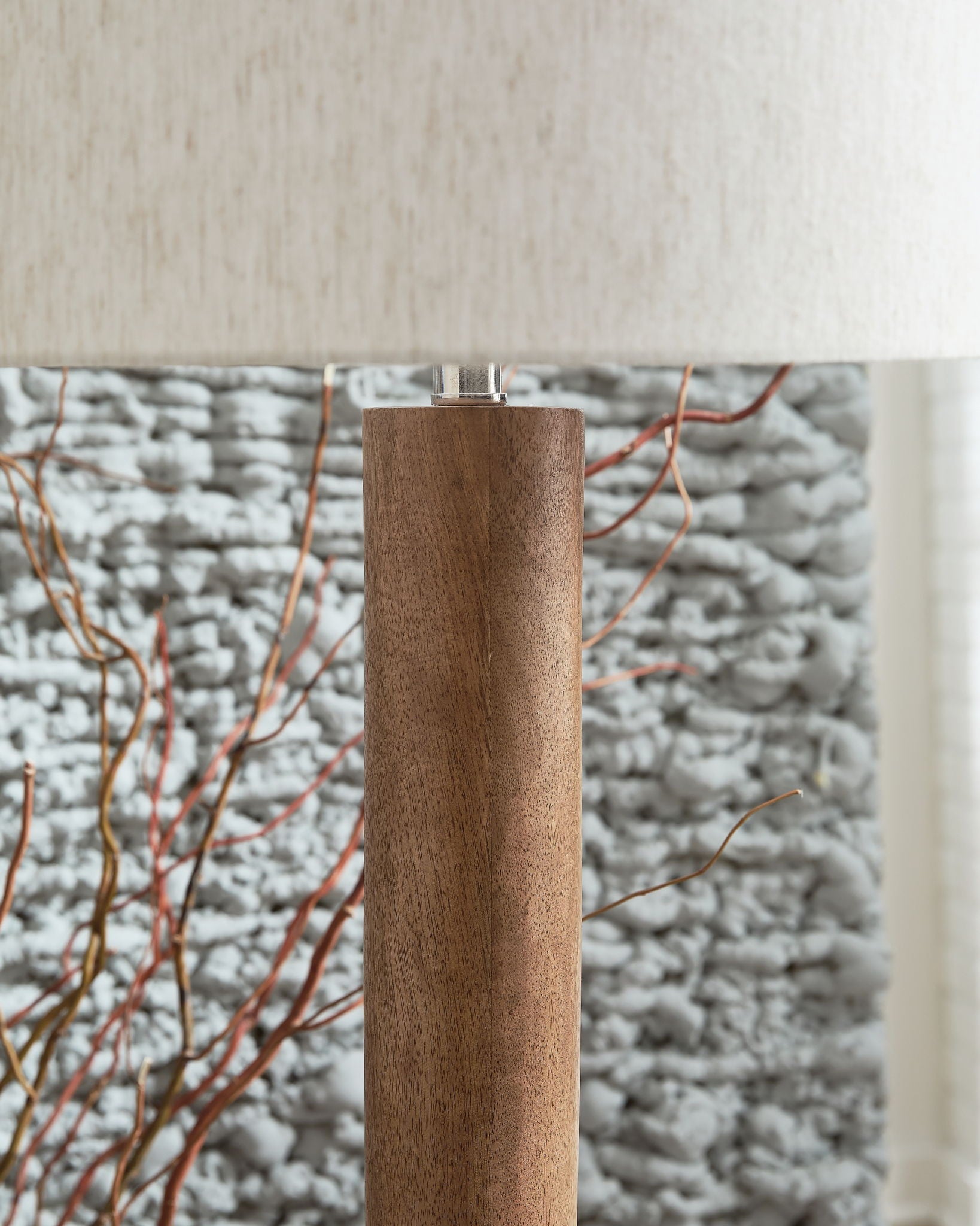 Wood floor lamp in natural brown wood with white fabric shade top section
