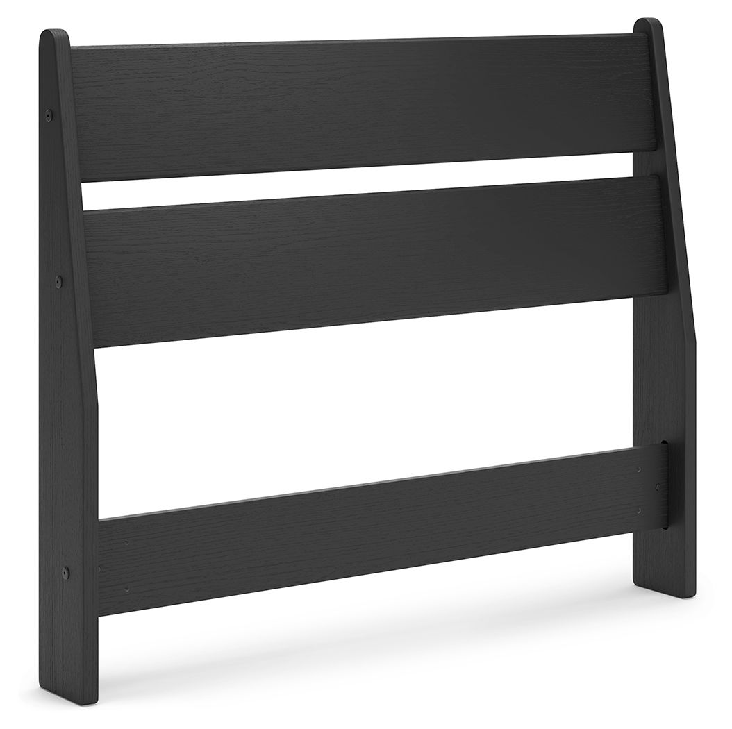 Black panel headboard with three horizontal slats and flat side posts
