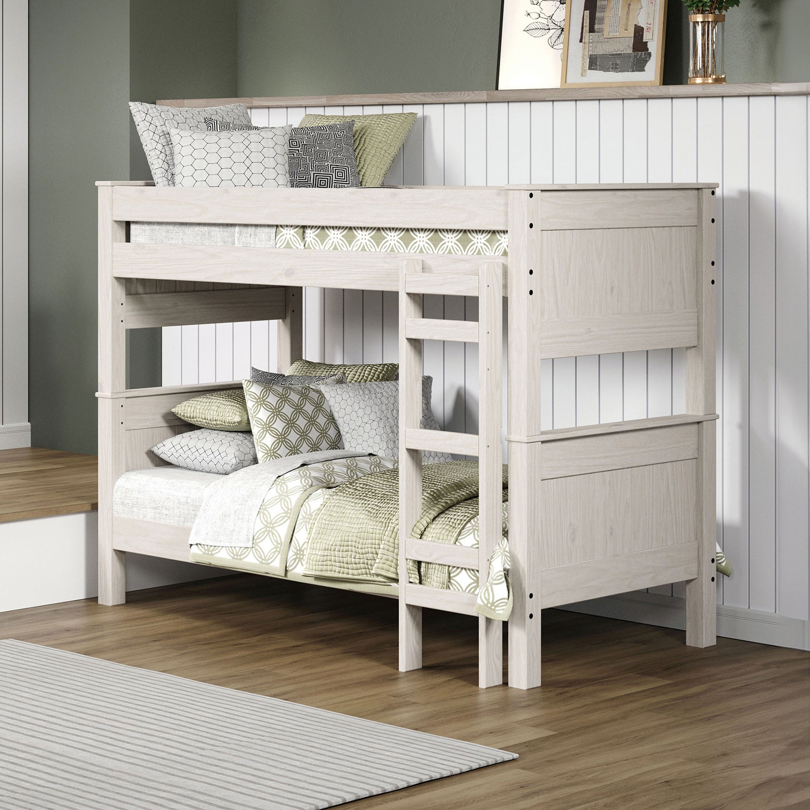 White Rustic Pine Twin Bunk Bed | Splits into 2 Beds