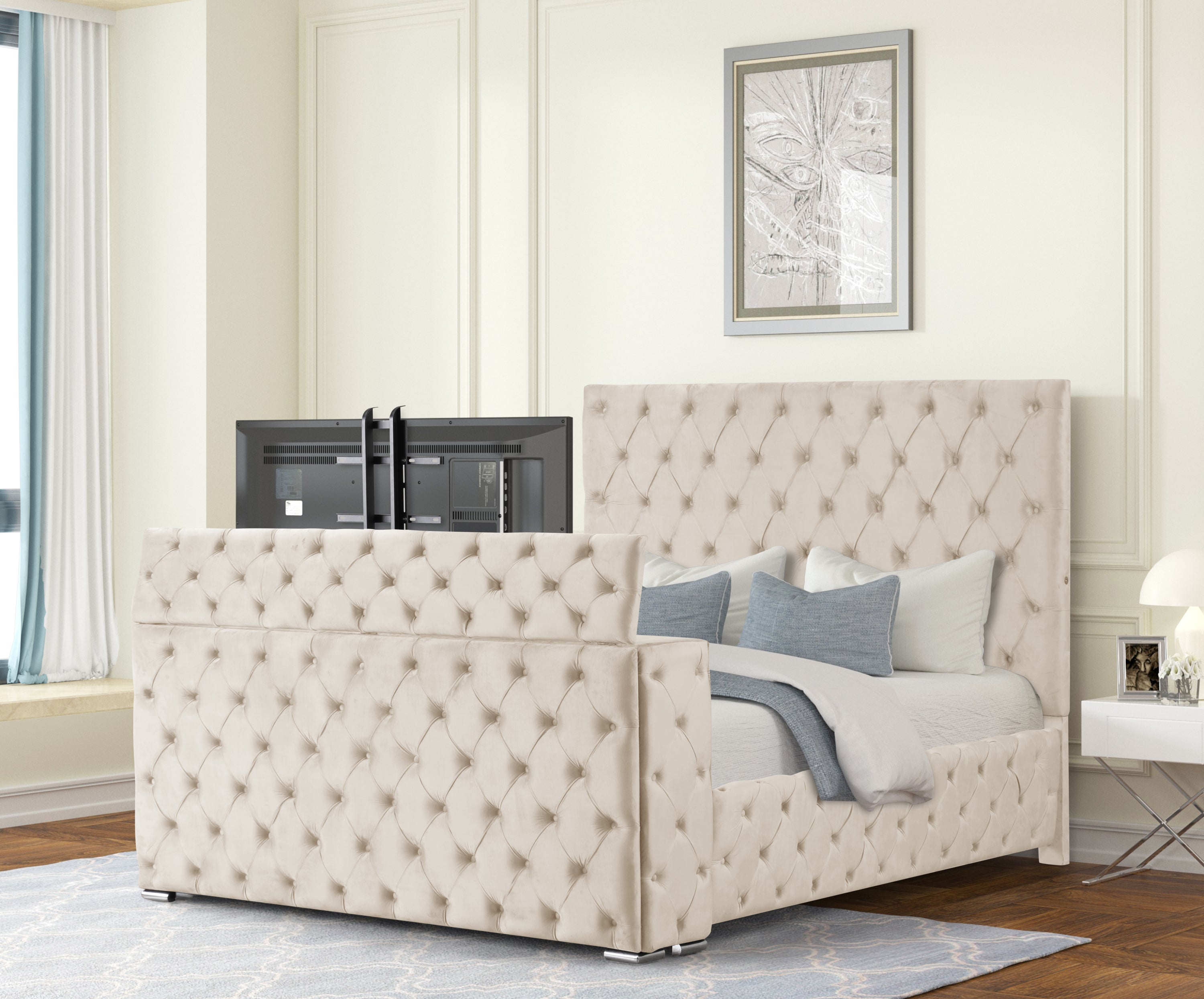 Encore Modern Style Tufted Upholstered Queen Bed - Solid Wood, Beige