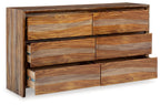Light brown wood dresser with 2 top drawers and 3 panel drawers