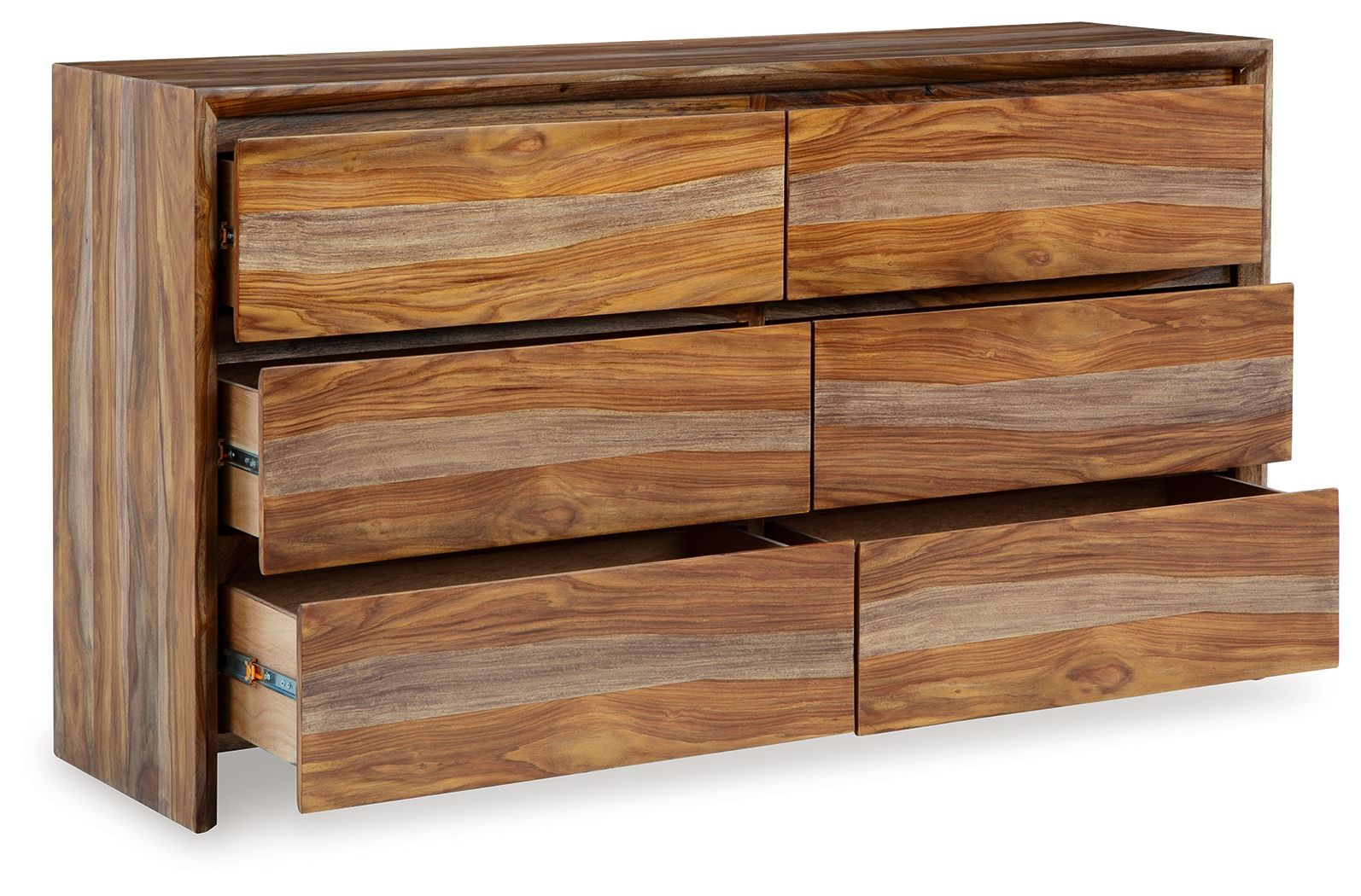 Light brown wood dresser with 2 top drawers and 3 panel drawers