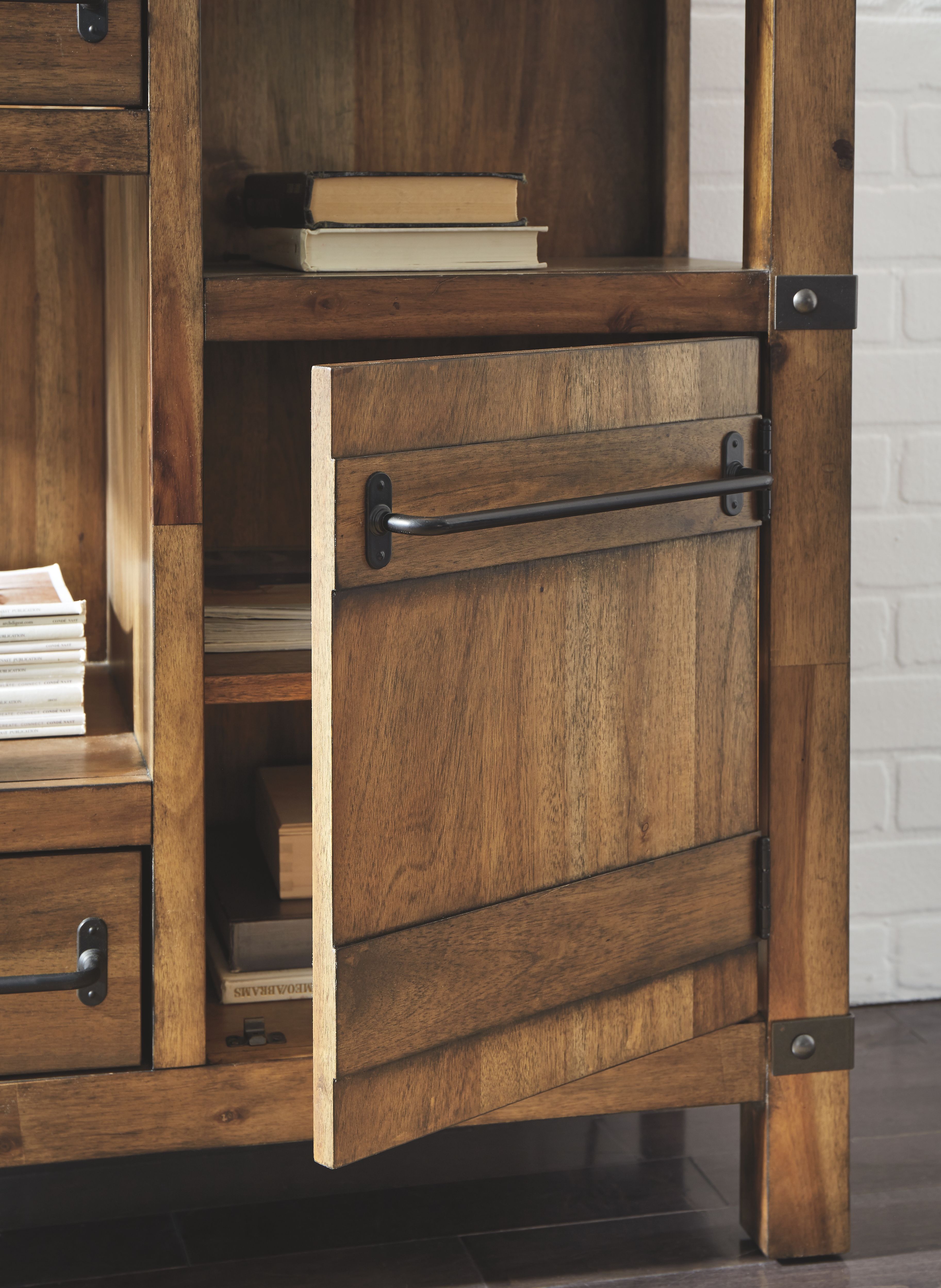 Light brown accent cabinet door panel with bronze handle, open interior shelf