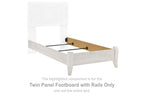 Whitewash twin panel footboard with rails, wooden slats and end posts