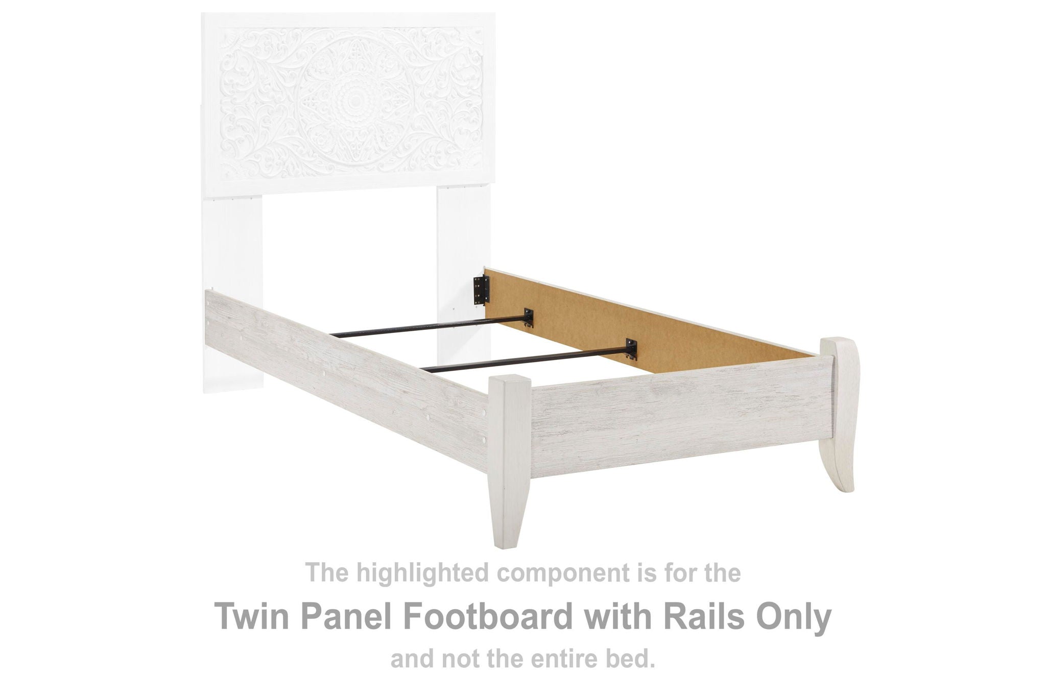 Whitewash twin panel footboard with rails, wooden slats and end posts