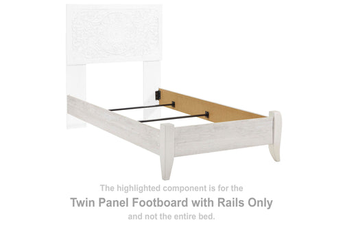 Whitewash twin panel footboard with rails, wooden slats and end posts