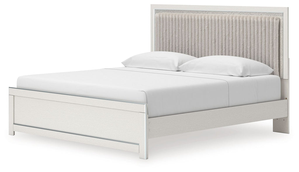 White upholstered panel platform bed with tall headboard and roll slats