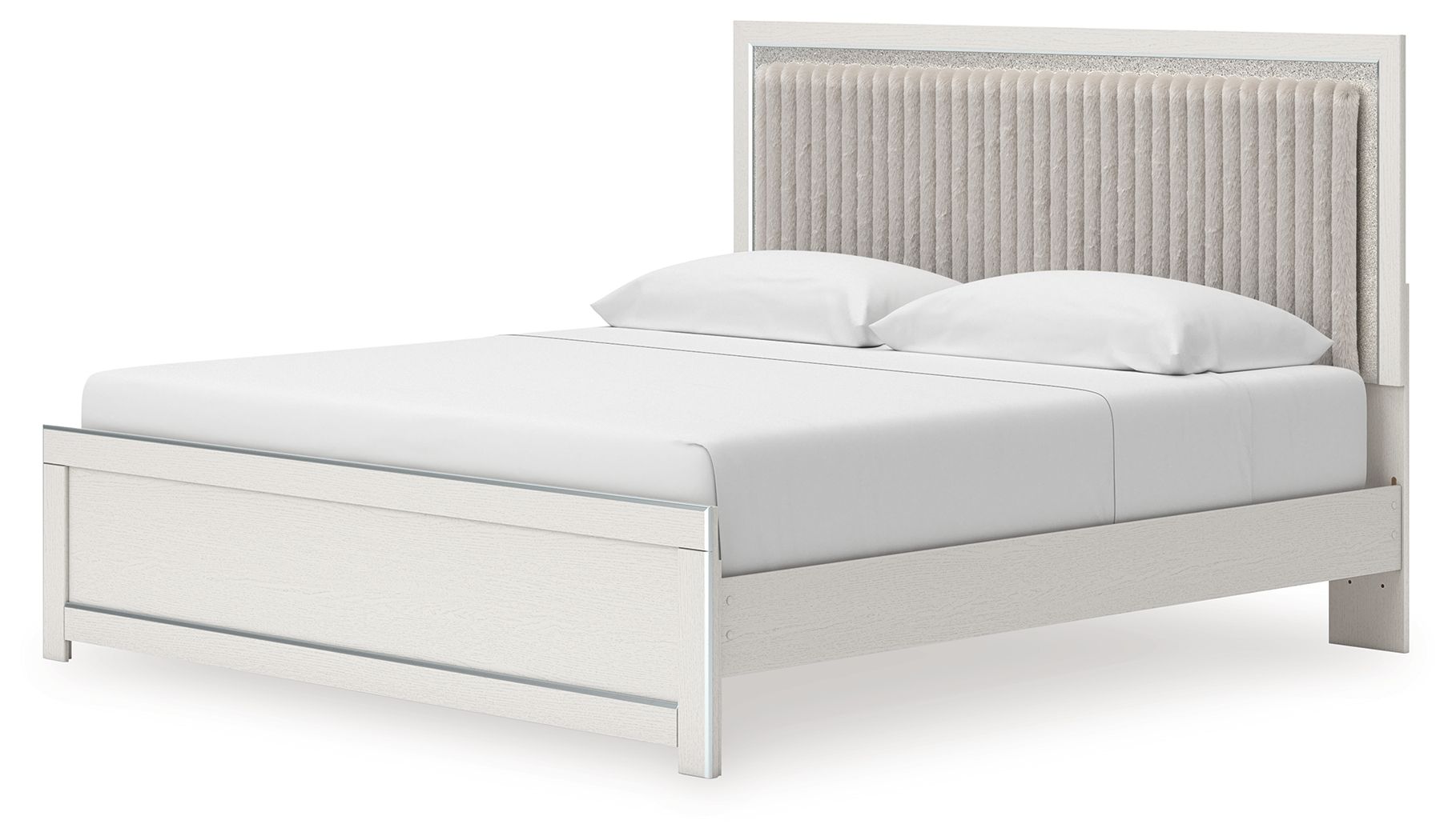 White upholstered panel platform bed with tall headboard and roll slats