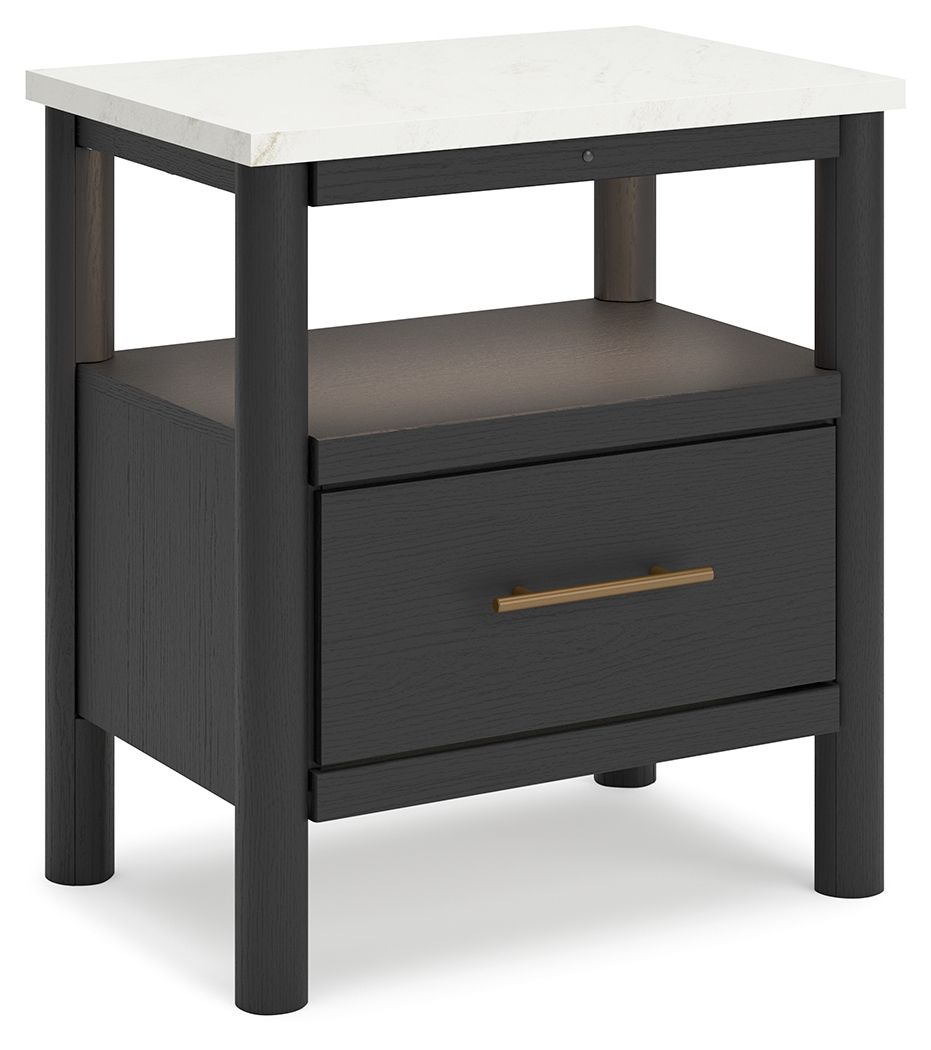 Dark one-drawer night stand with open shelf and light wood bar handle