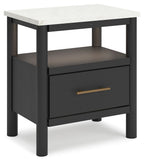 Dark one-drawer night stand with open shelf and light wood bar handle