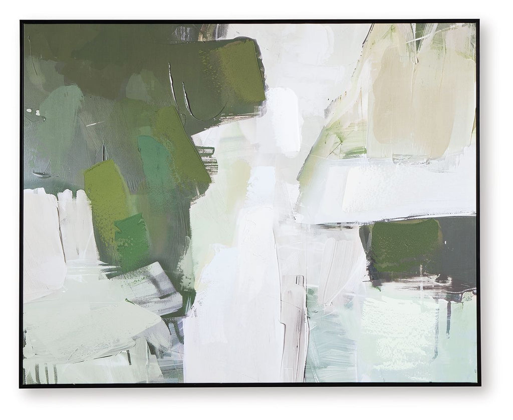 Framed abstract painting with layered green and gray blocks over white