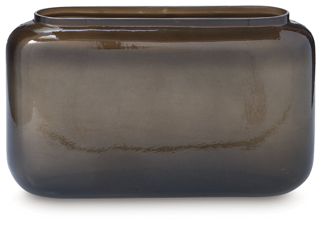 Sumner vase, dark brown glossy glass with wide opening and rounded rectangular shape