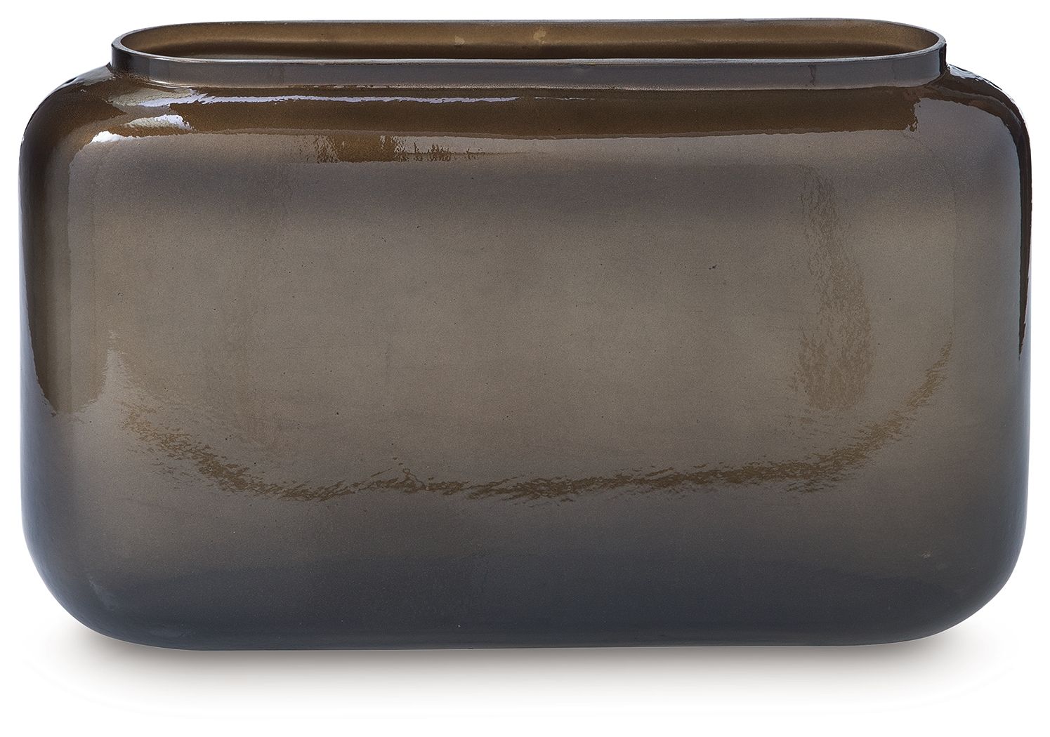 Sumner vase, dark brown glossy glass with wide opening and rounded rectangular shape
