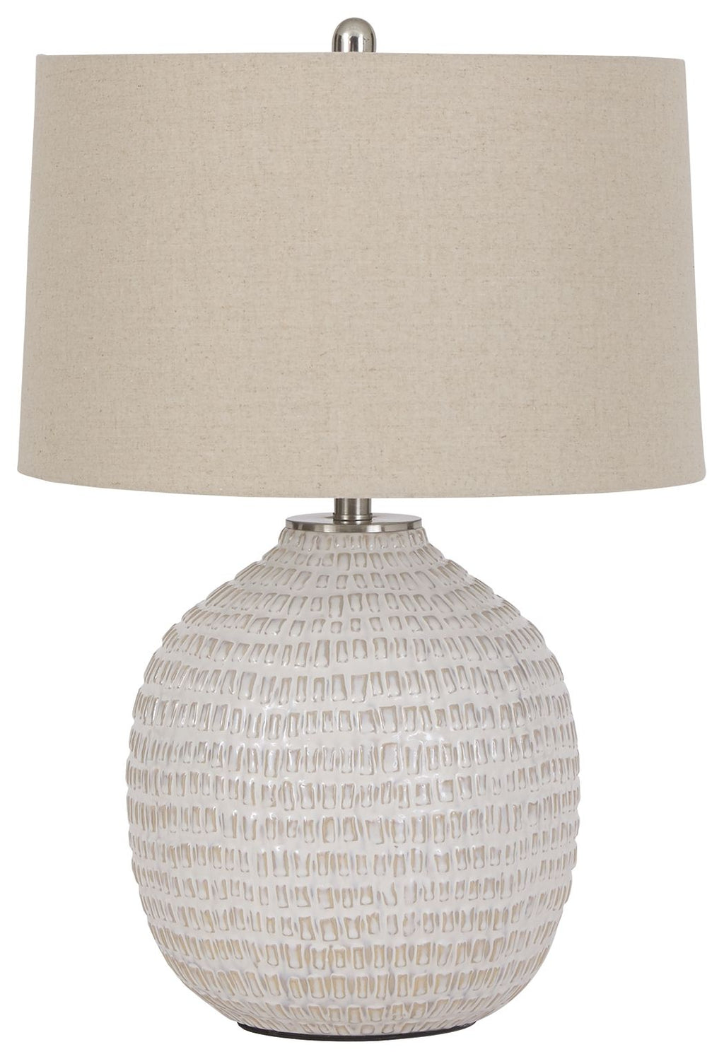 Beige ceramic table lamp with textured globe base and beige fabric drum shade