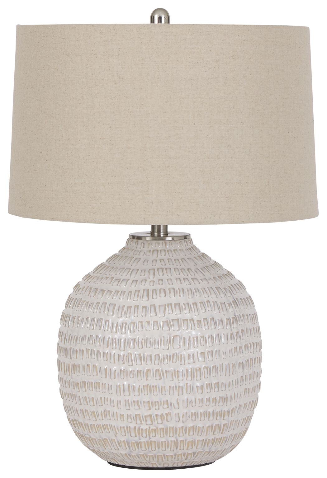 Beige ceramic table lamp with textured globe base and beige fabric drum shade
