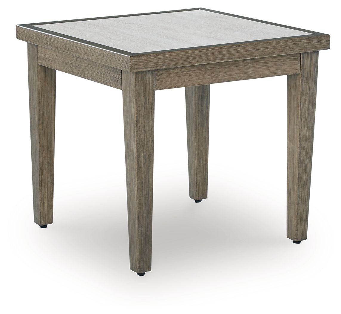 Square end table with grey-brown wood legs and light stone top panel