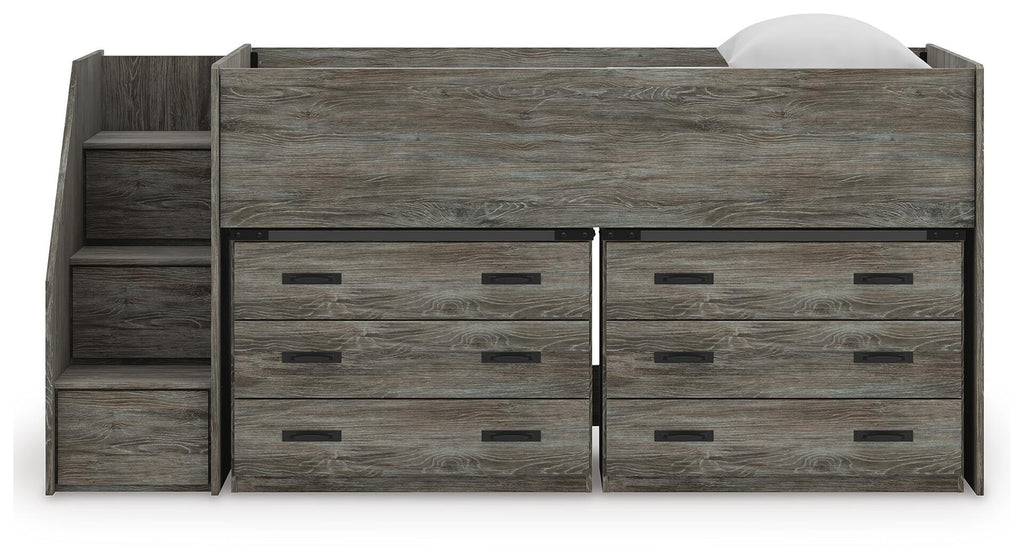 Gray loft bed front with six dresser drawers for storage