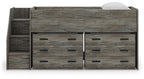 Gray loft bed front with six dresser drawers for storage