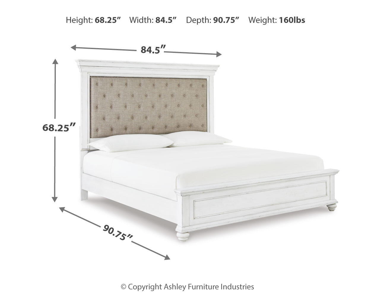 Upholstered panel bed in white with tufted beige headboard and low footboard