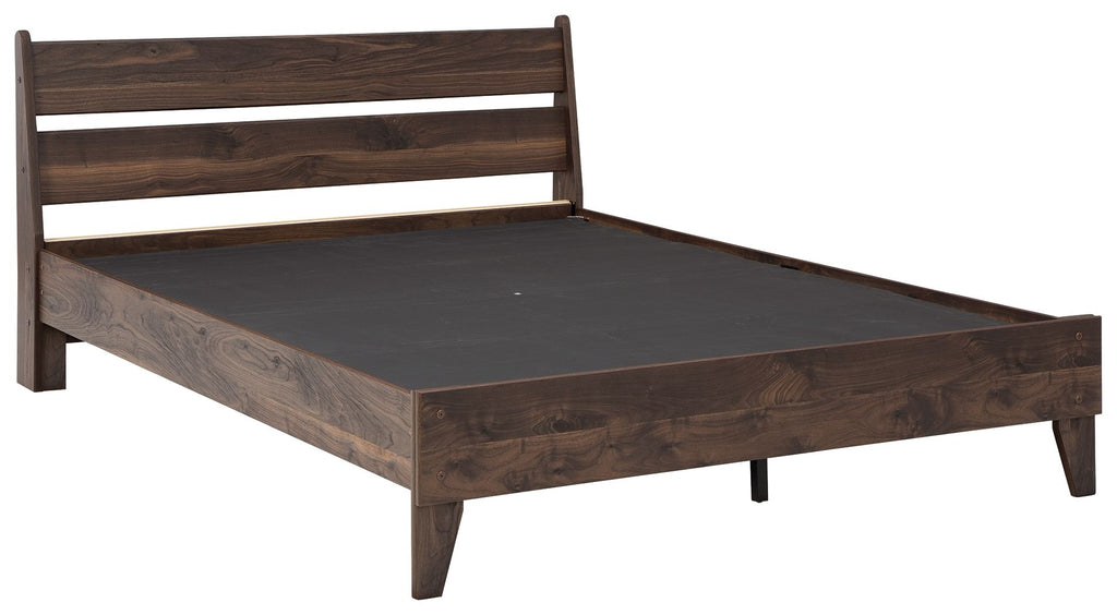 Light brown platform bed frame with paneled headboard and platform base, four legs