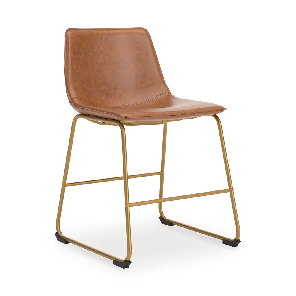Dining side chair with brown upholstered seat and back, gold metal frame and legs