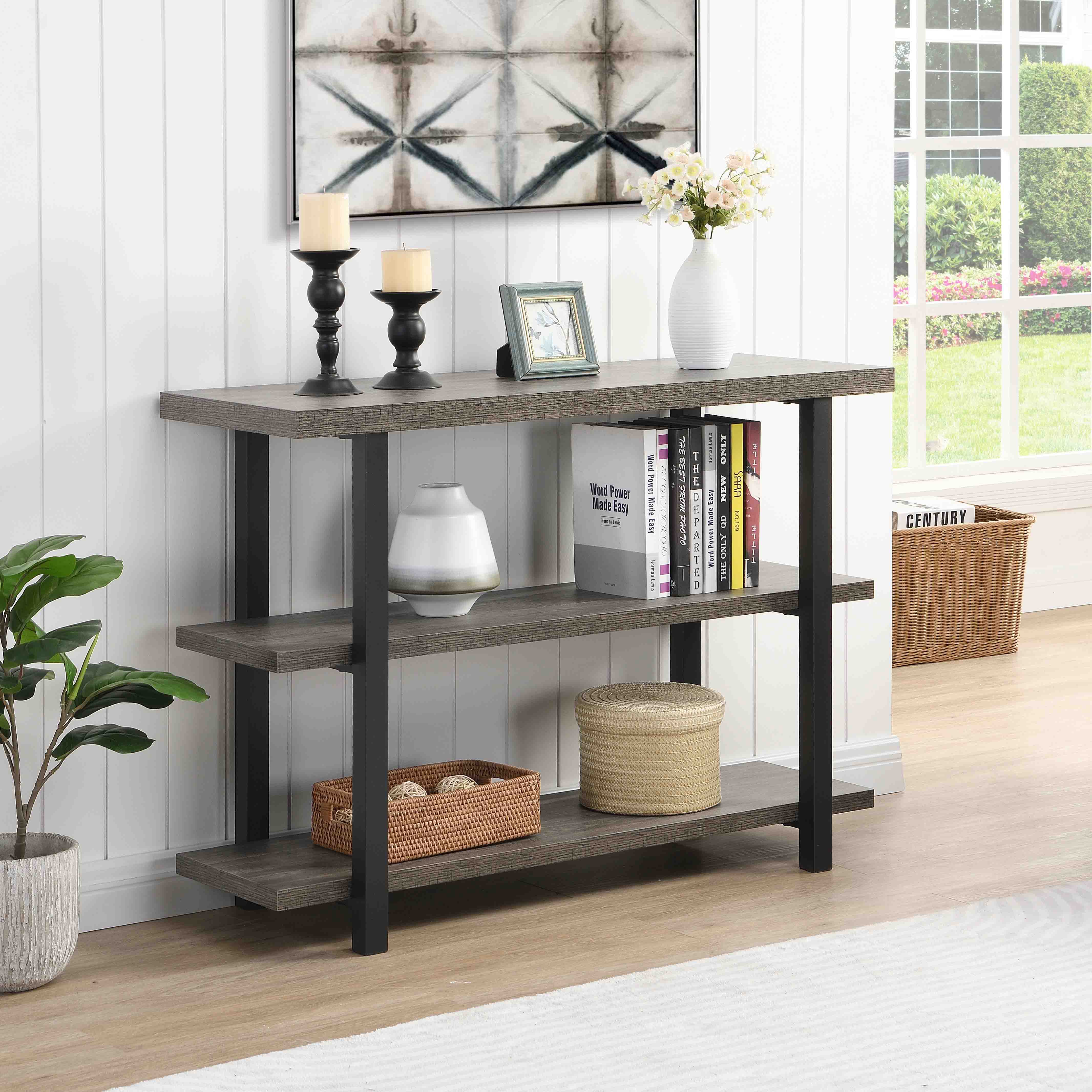 Gray Wood Sofa Table, Narrow Hallway Table With Shelves, 3-Tier Console Table For Living Room 43.31''X15.75''X31.61''