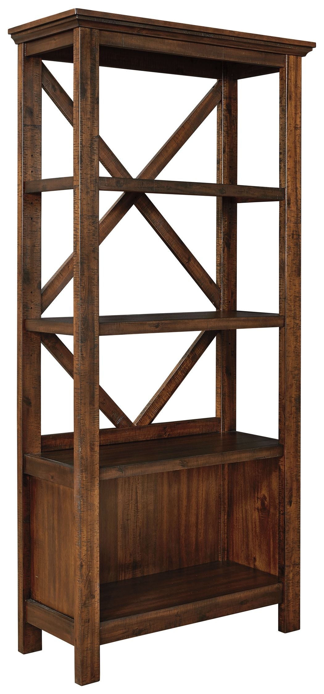 Rustic brown large bookcase with X-frame sides and open shelves